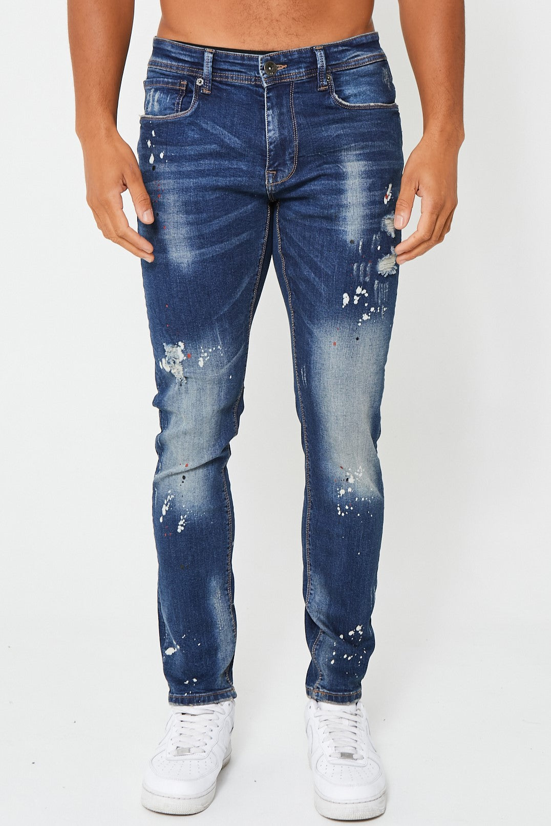 Mens Jeans Mid Blue Tapered Paint Splatter Ripped Harvey Hainault