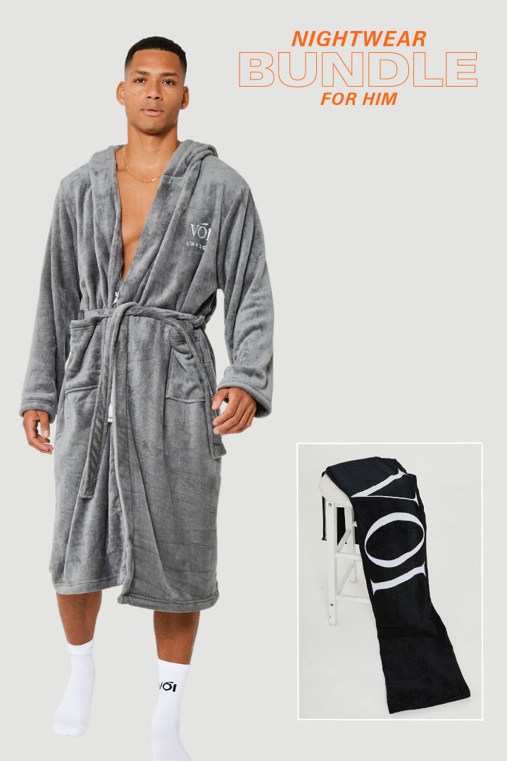 Fleece Dressing Gown & Towel Bundle - Grey
