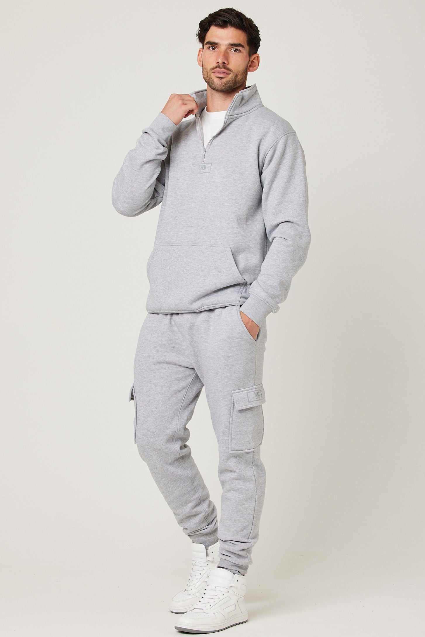 Mens Tracksuit Grey Marl Fleece Slim Fit Joggers Quarter Zip Jumper Rodney  – Voi London