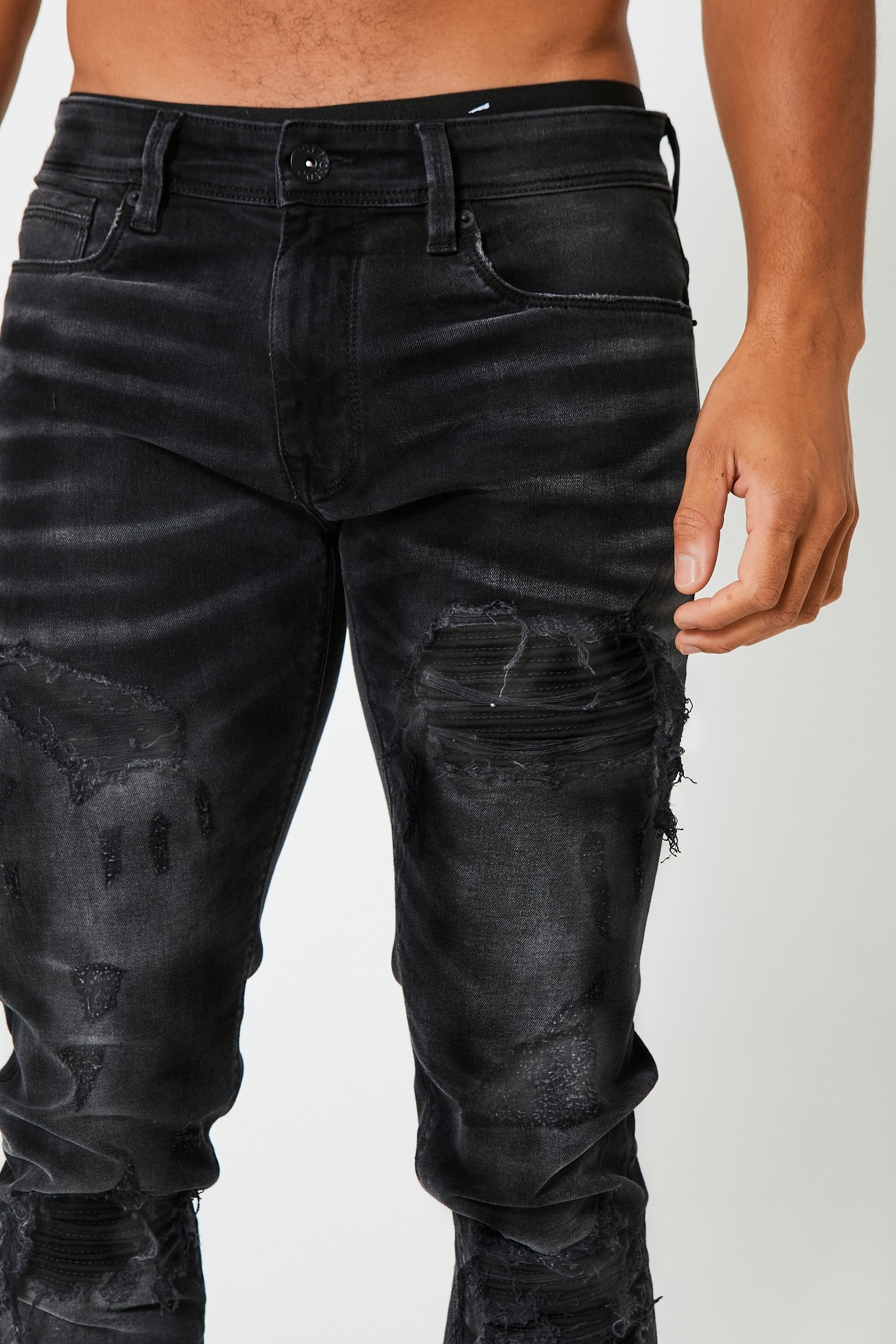 Mens Tapered Jeans, Distressed Rip & Repair Stretch Denim, In Black