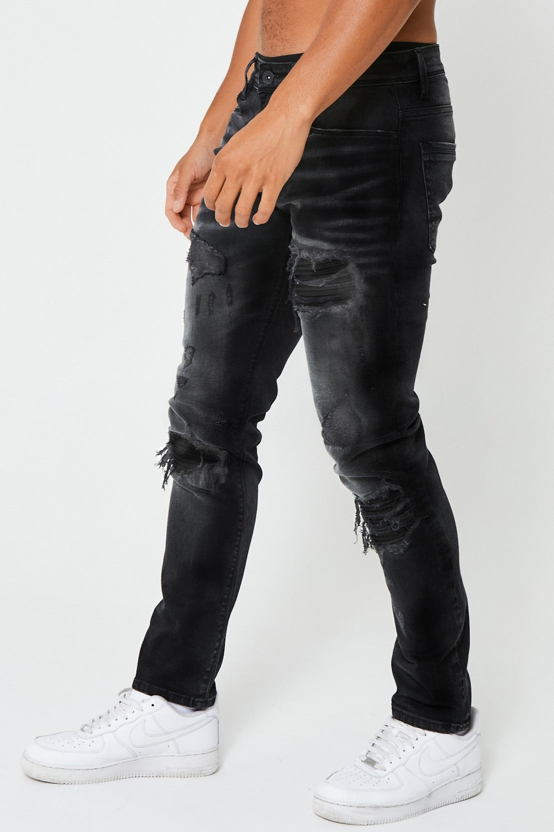 Mens Tapered Jeans, Distressed Rip & Repair Stretch Denim, In Black