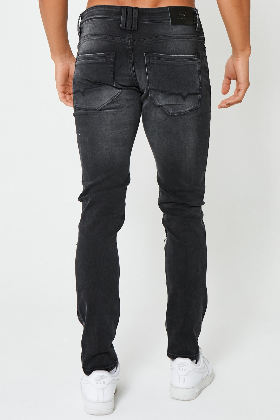 Mens Tapered Jeans, Distressed Rip & Repair Stretch Denim, In Black