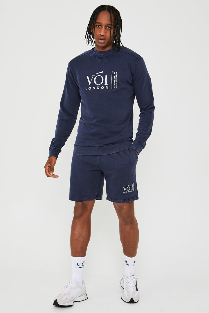 Holton Acid Wash Sweatshirt, T-Shirt & Shorts Set - Navy