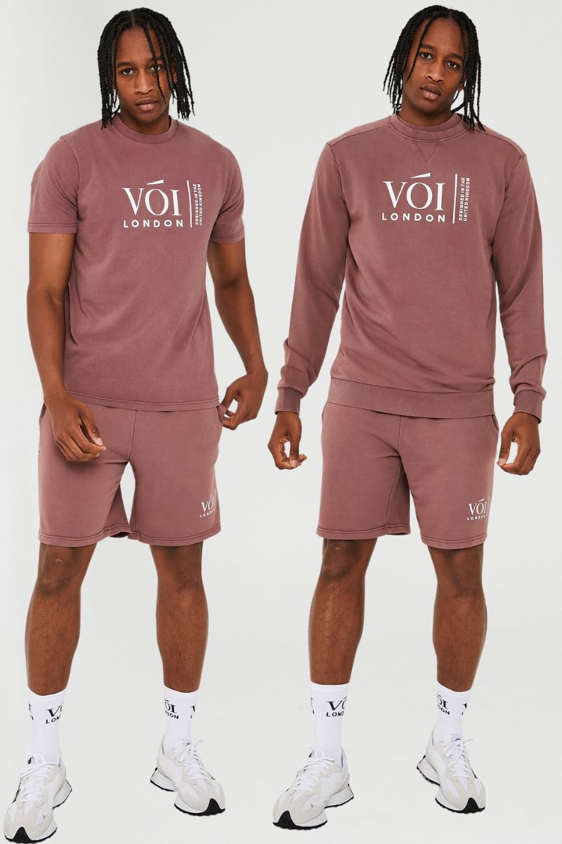 Holton Acid Wash Sweatshirt, T-Shirt & Shorts Set - Burgundy