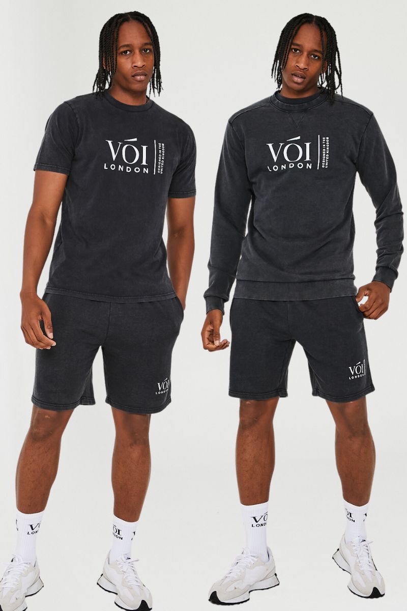 Holton Acid Wash Triple Set Short Tracksuit - Charcoal