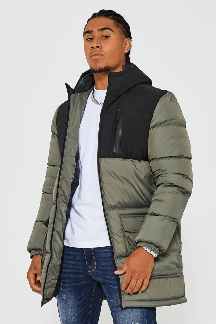 Mens Insulated Puffer Coat, Khaki/Black, Zipped Pockets Hooded Winter ...