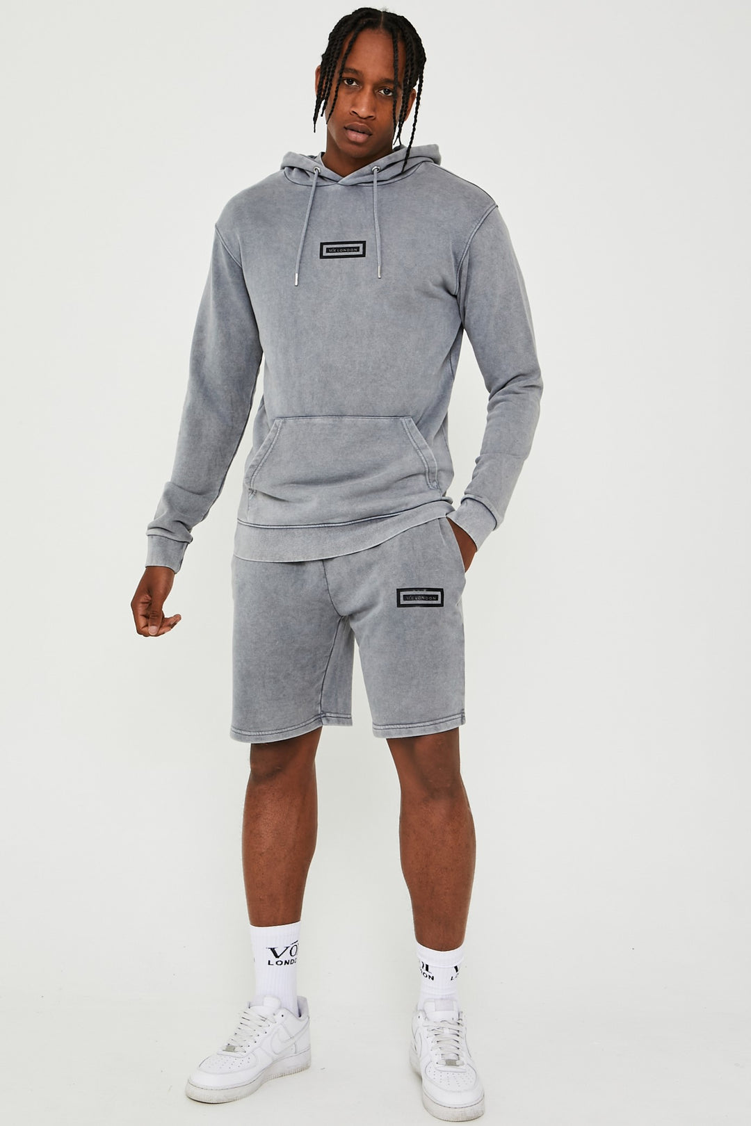 Orton Street Acid Wash Hoodie, T-Shirt & Shorts Set - Grey