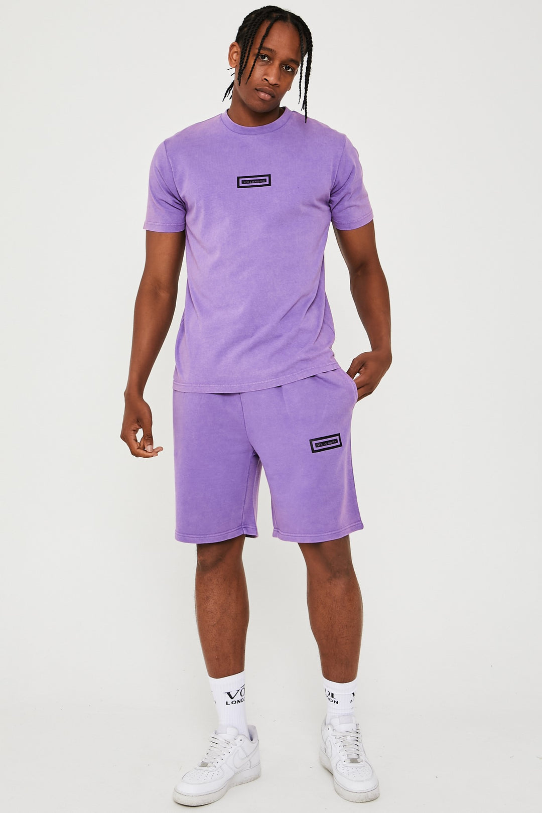 Orton Street Acid Wash Hoodie, T-Shirt & Shorts Set - Purple