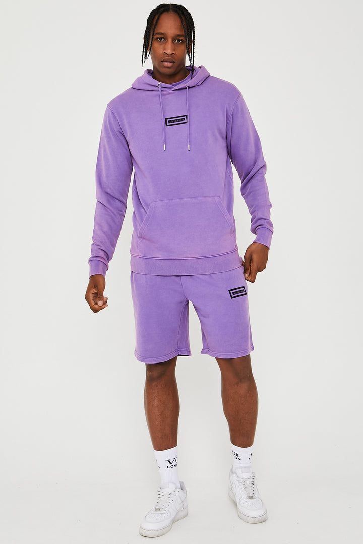 Orton Street Acid Wash Hoodie, T-Shirt & Shorts Set - Purple