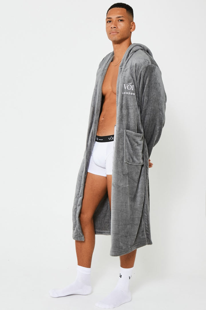 Fleece Dressing Gown & Cotton PJ Set Bundle - Grey/Black
