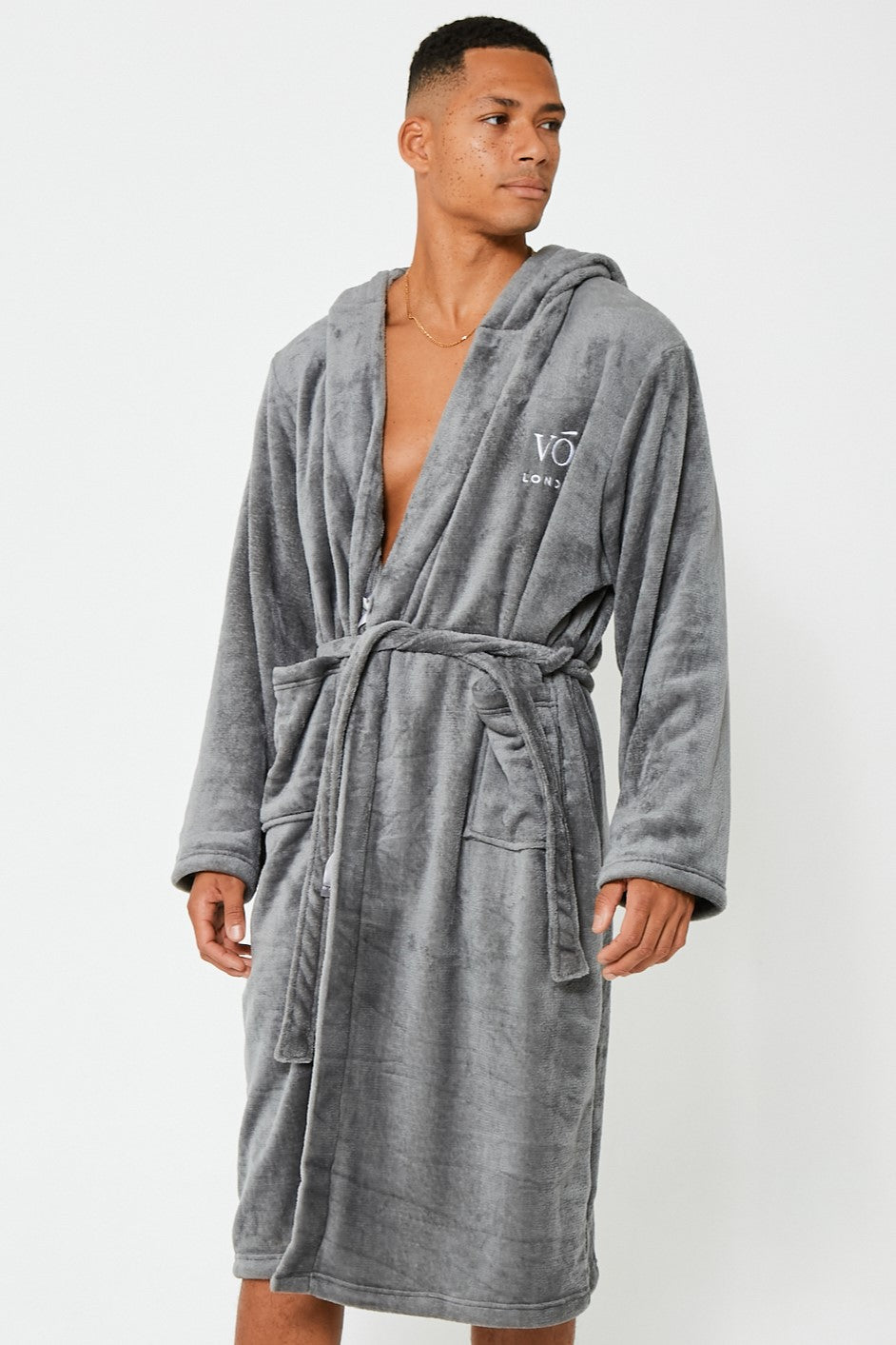 Fleece Dressing Gown & Cotton PJ Set Bundle - Grey/Black