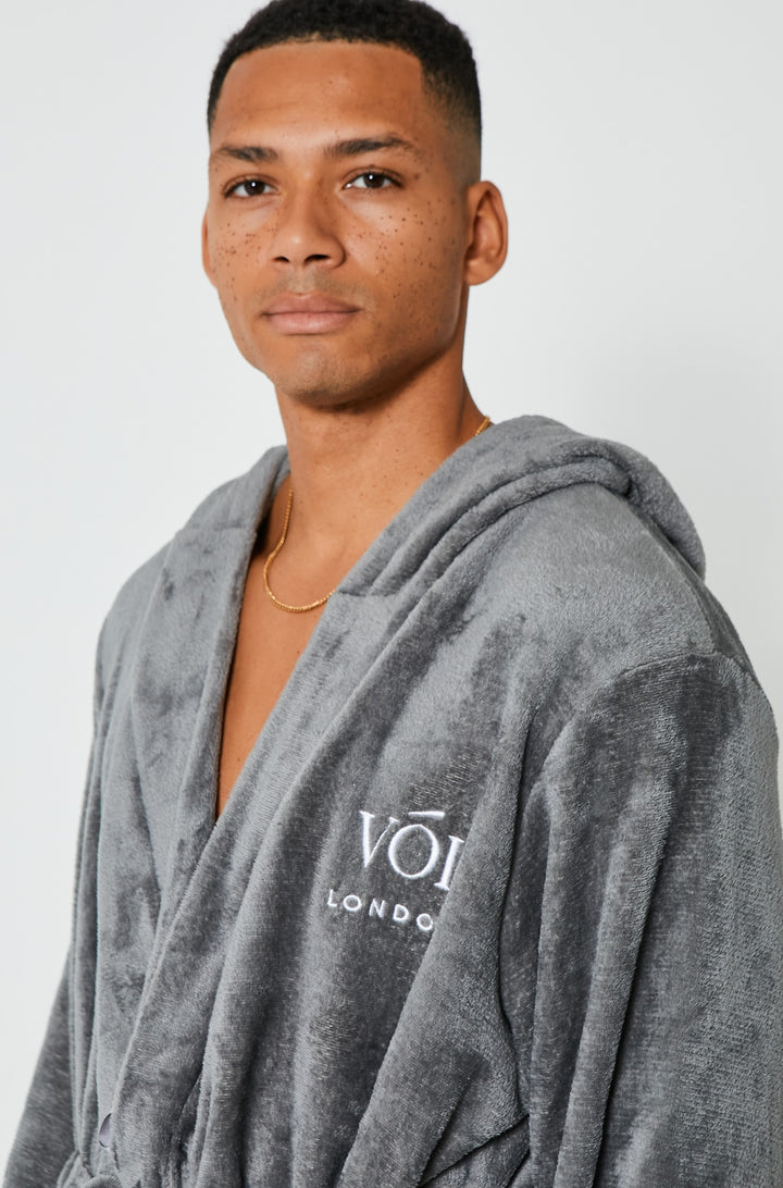 Fleece Dressing Gown & Cotton PJ Set Bundle - Grey/Black