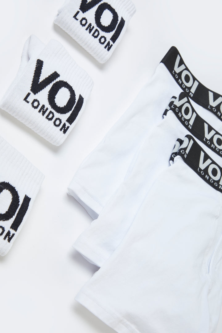 3 Pack White Boxer & Sock Accessory Bundle