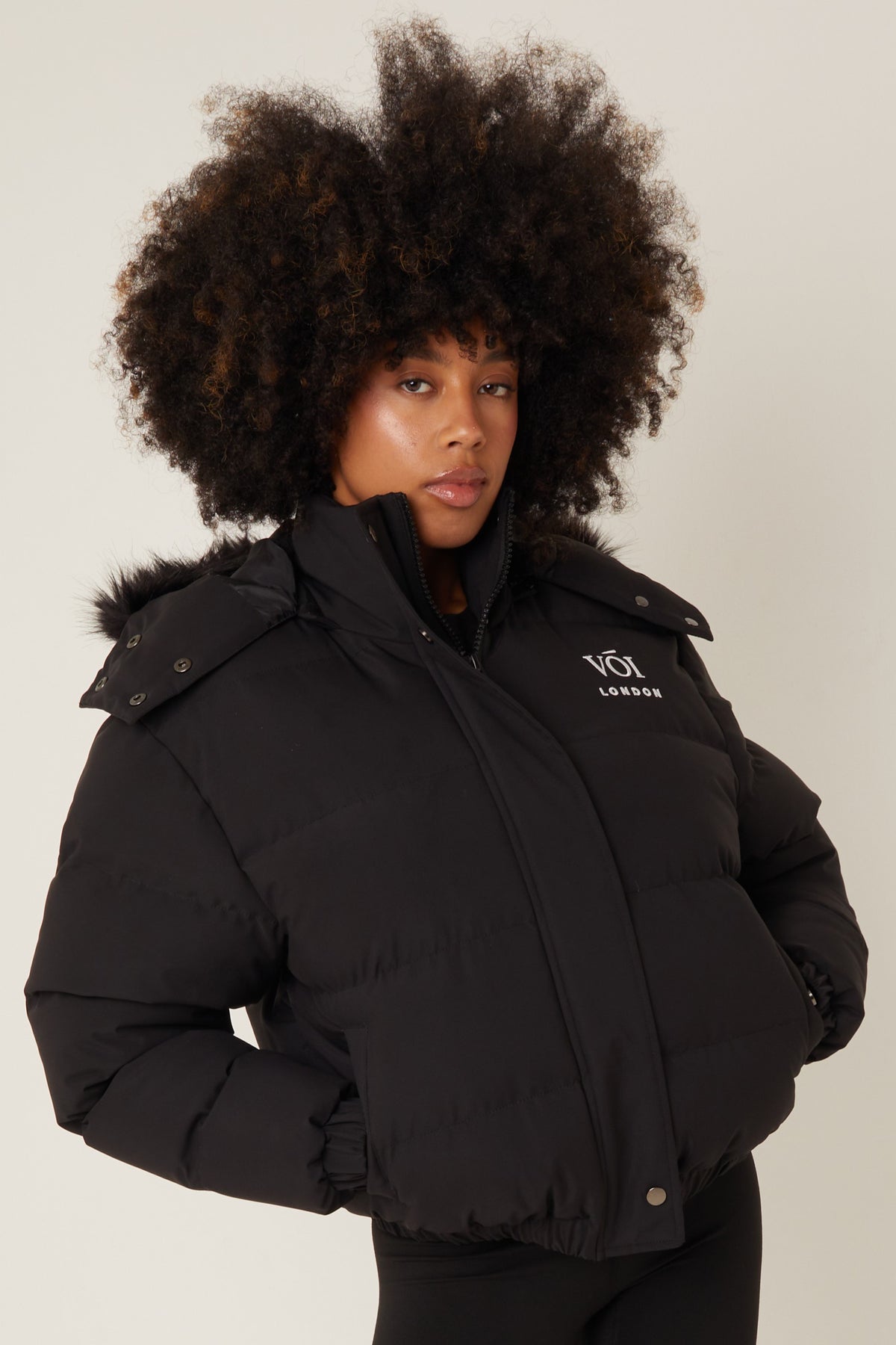Womens Cropped Puffer Jacket, Zipped Pockets Detachable Fur Hood Winter ...