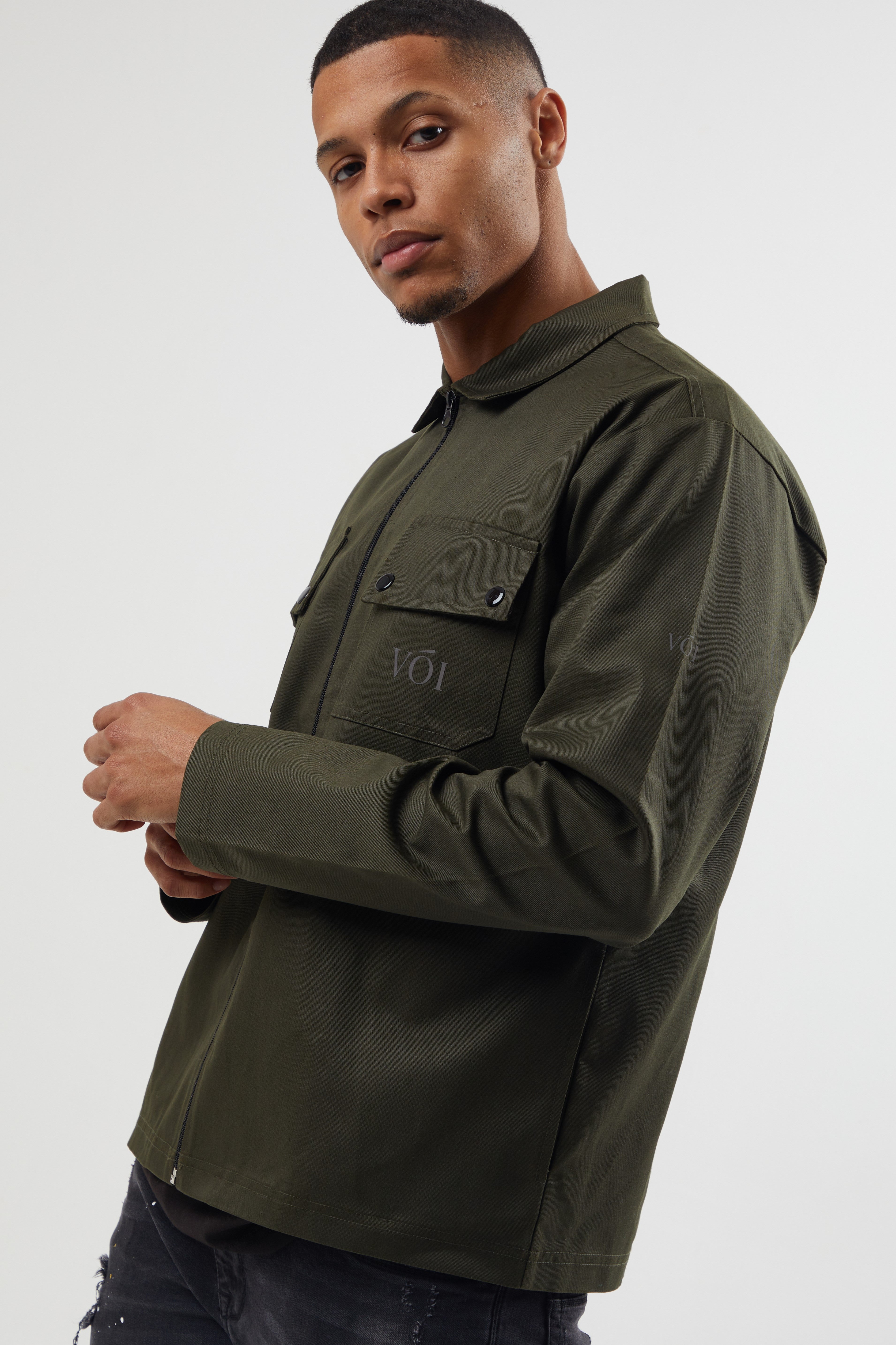 Khaki best sale shacket mens