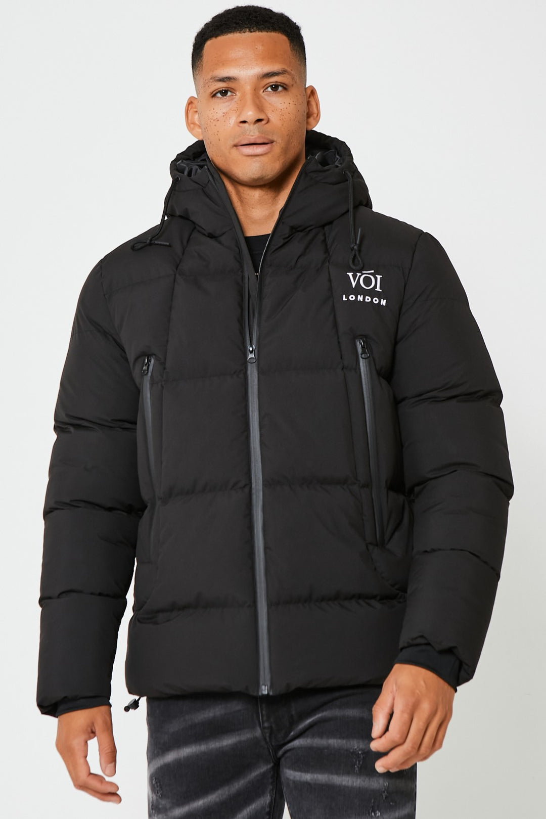 Mens Black Puffer Jacket Zipped Pockets Hooded Winter Coat – Voi London