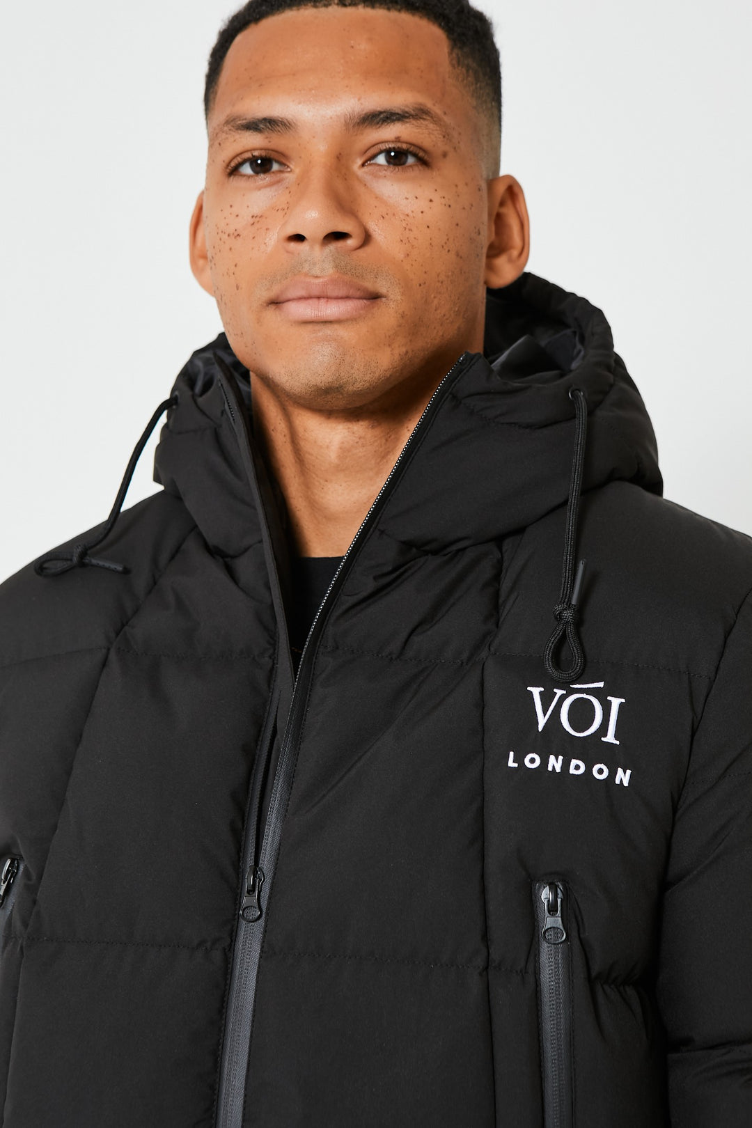 Mens Black Puffer Jacket Zipped Pockets Hooded Winter Coat – Voi London