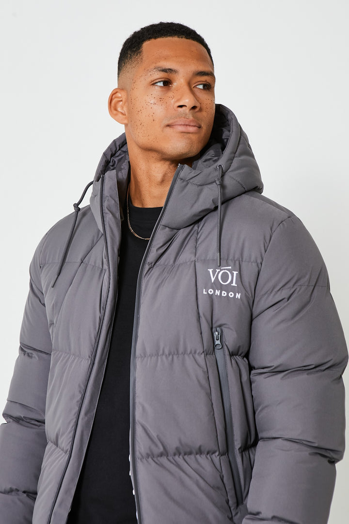 Mens Dark Grey Puffer Jacket Zipped Pockets Hooded Winter Coat – Voi London