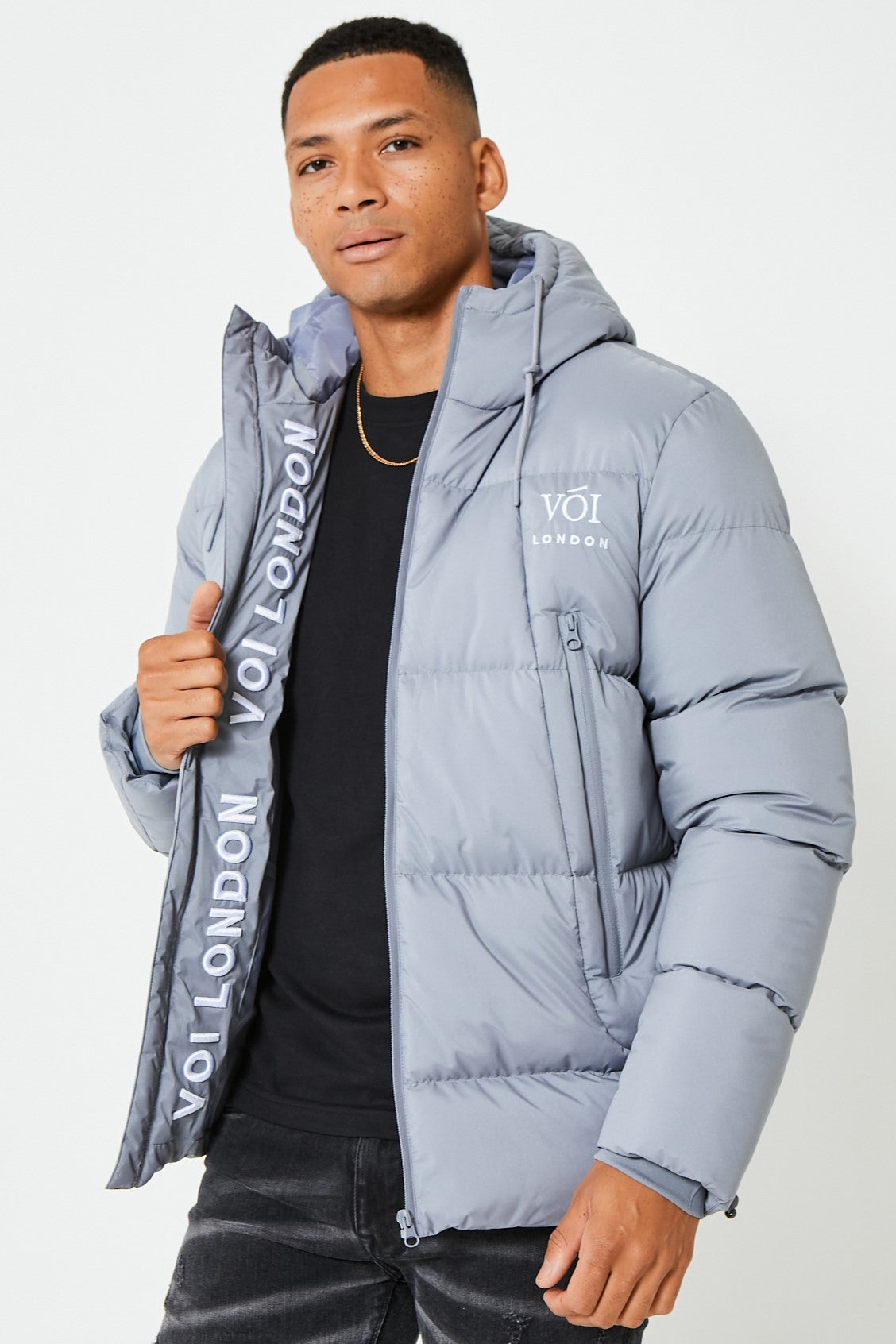Mens Light Grey Puffer Jacket Zipped Pockets Hooded Winter Coat – Voi ...
