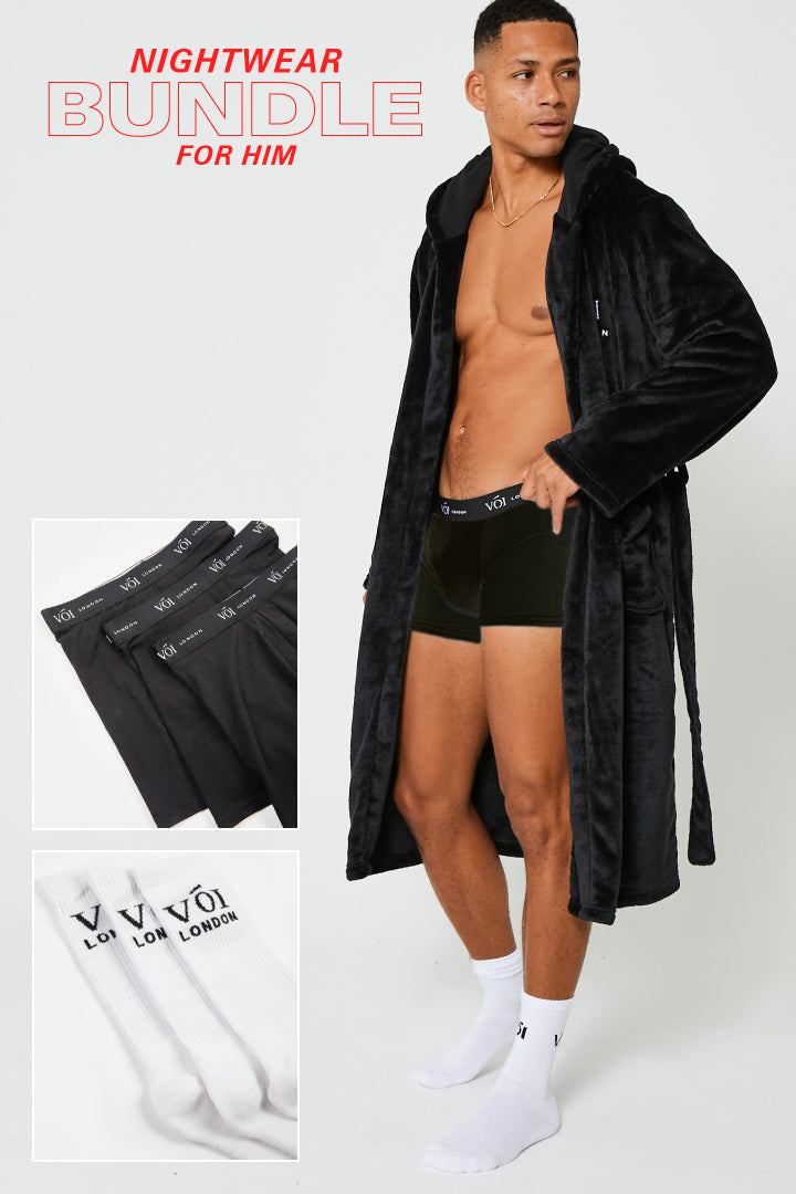 Fleece Dressing Gown, 3-Pack Boxers & 3-Pack Socks Bundle - Black