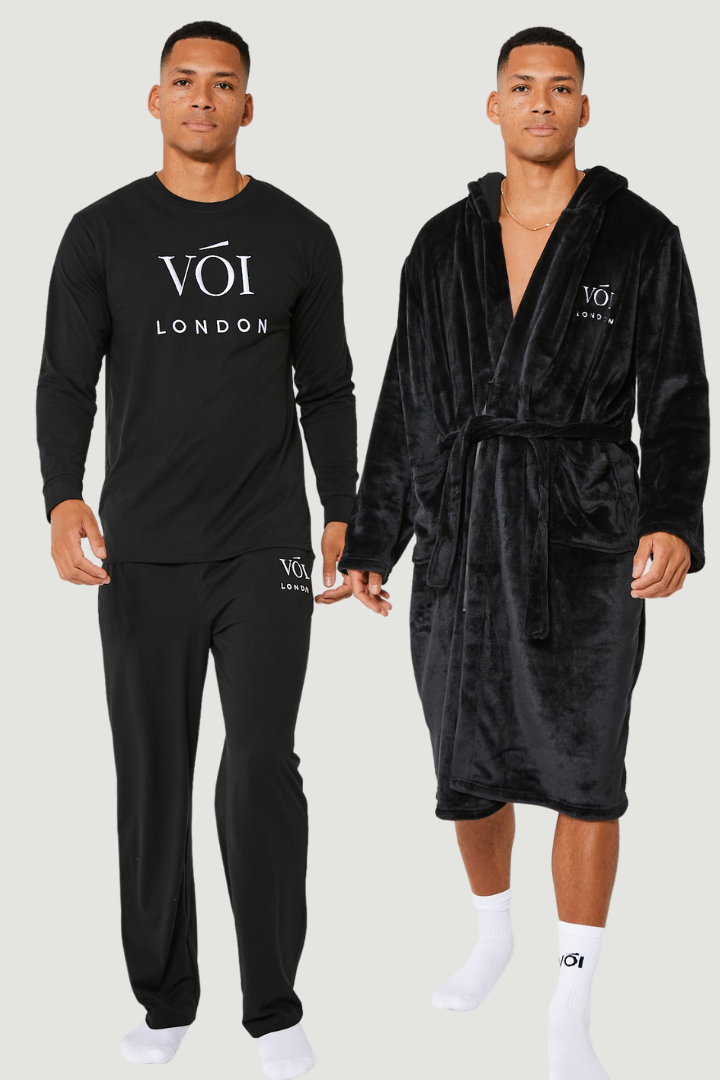 Fleece Dressing Gown & Cotton PJ Set Bundle - Black/Black