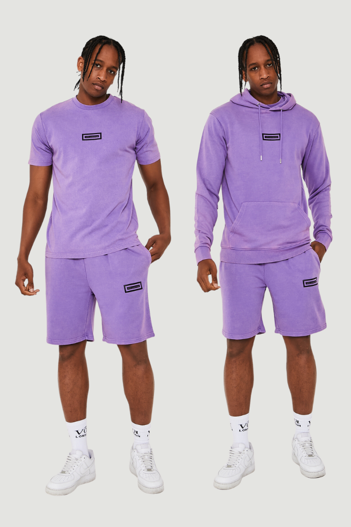Orton Street Acid Wash Hoodie, T-Shirt & Shorts Set - Purple