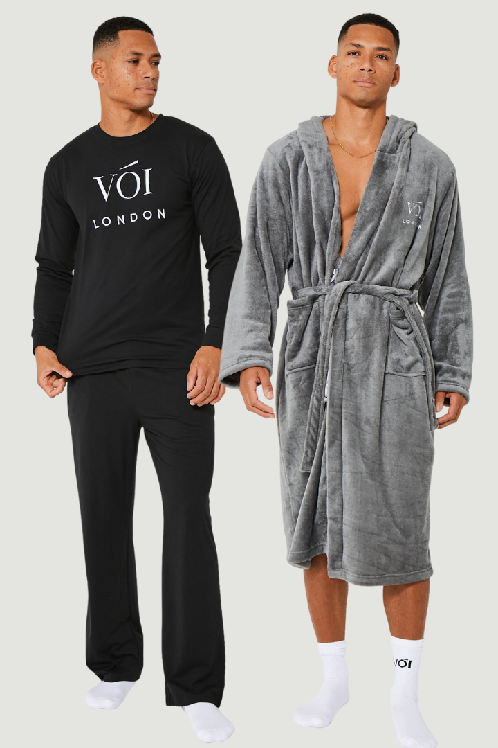 Fleece Dressing Gown & Cotton PJ Set Bundle - Grey/Black