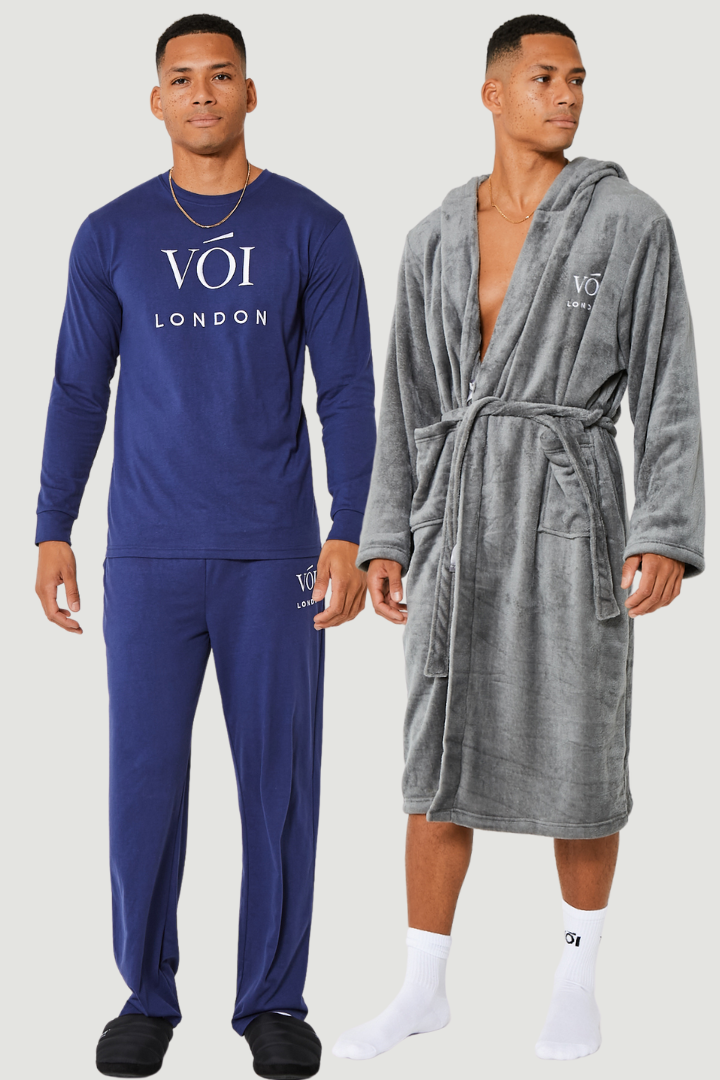 Fleece Dressing Gown & Cotton PJ Set Bundle - Grey/Navy
