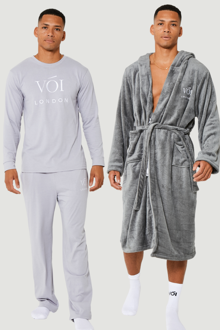 Fleece Dressing Gown & Cotton PJ Set Bundle - Grey/Grey