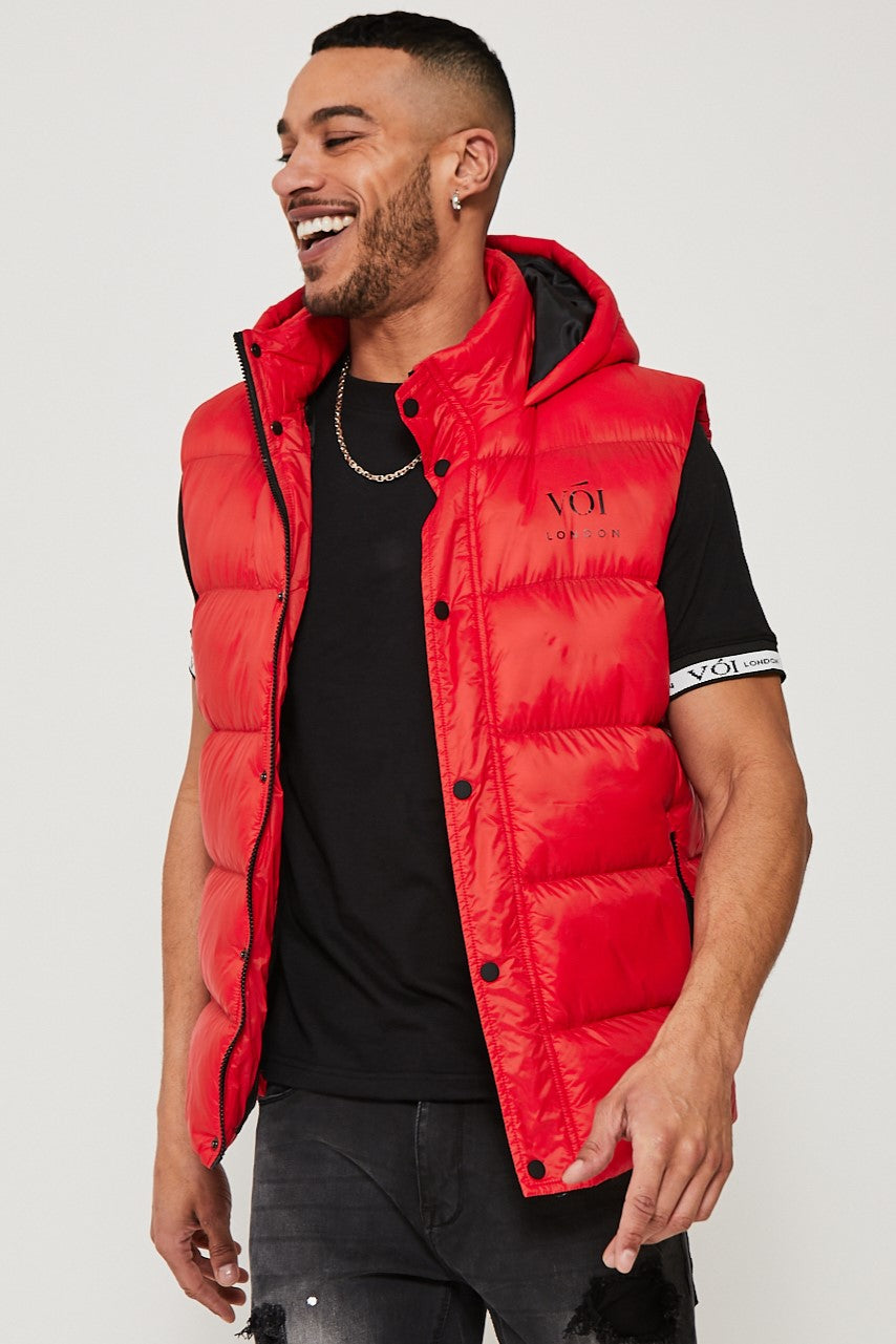 Mens Gilet Jacket Red Hooded Padded Puffer Zipped Pockets Chalton – Voi ...