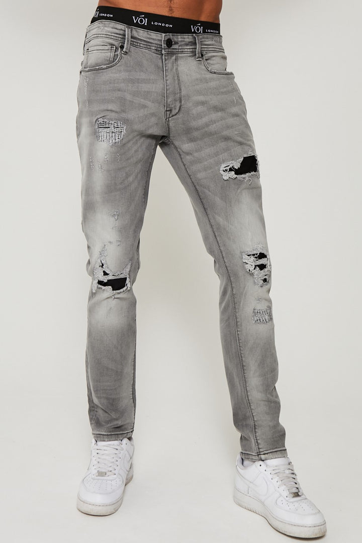 Mens Jeans Washed Grey Tapered Slim Rip & Repair Holborn – Voi London